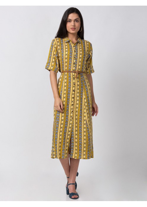 Yellow Printed Belted Dress 