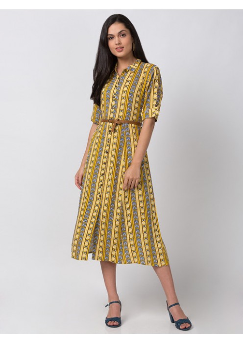 Yellow Printed Belted Dress 