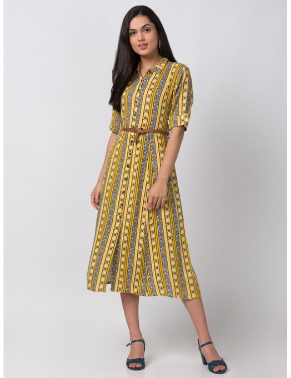 Yellow Printed Belted Dress 