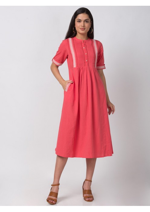 Coral Cotton Gathered Dress