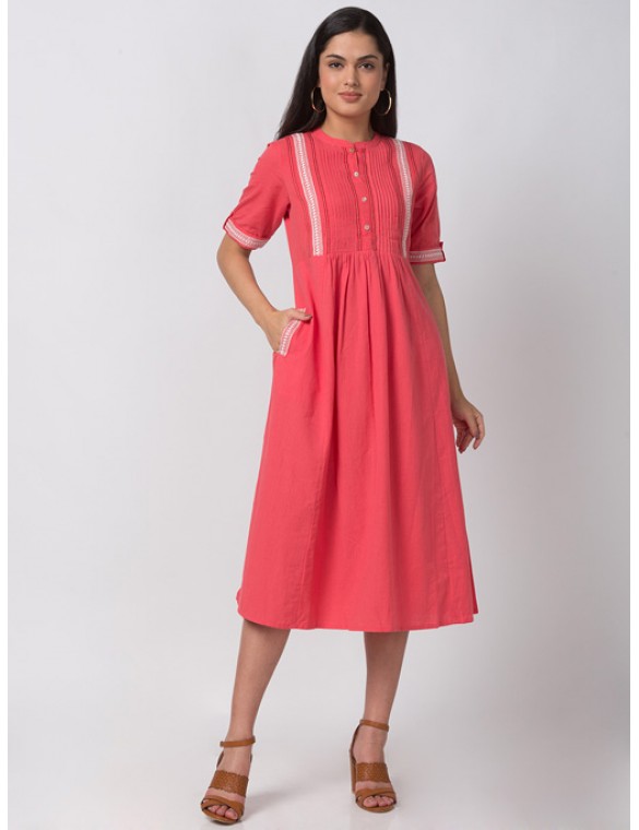 Coral Cotton Gathered Dress