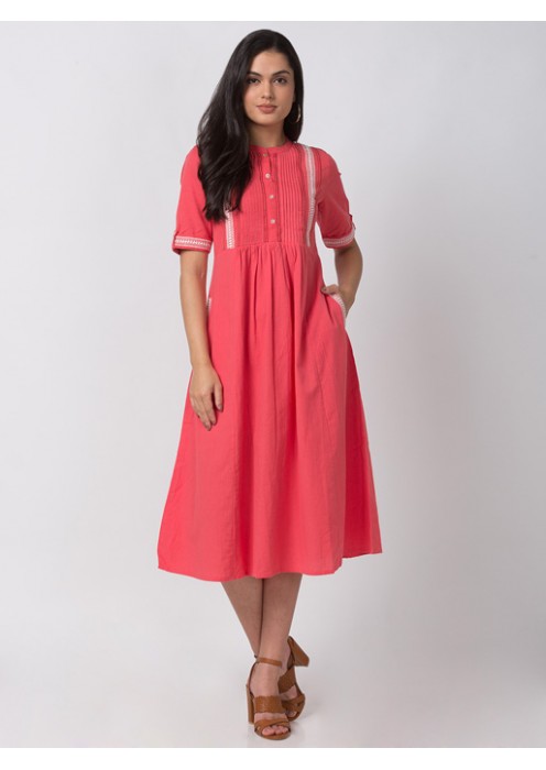 Coral Cotton Gathered Dress