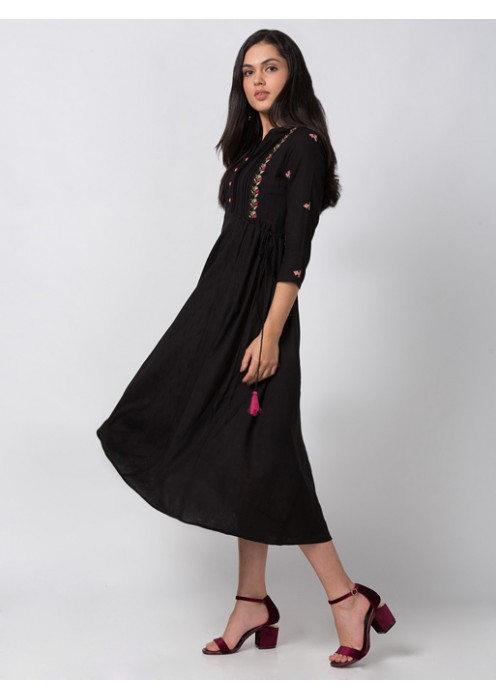 Black Rayon Embroidered Dress