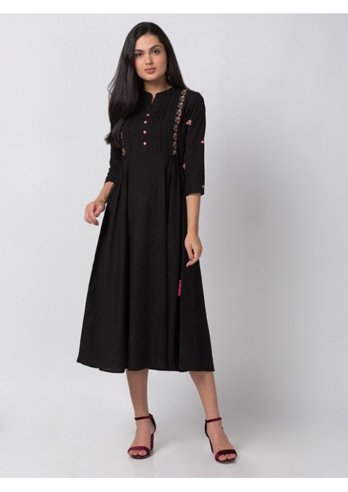 Black Rayon Embroidered Dress