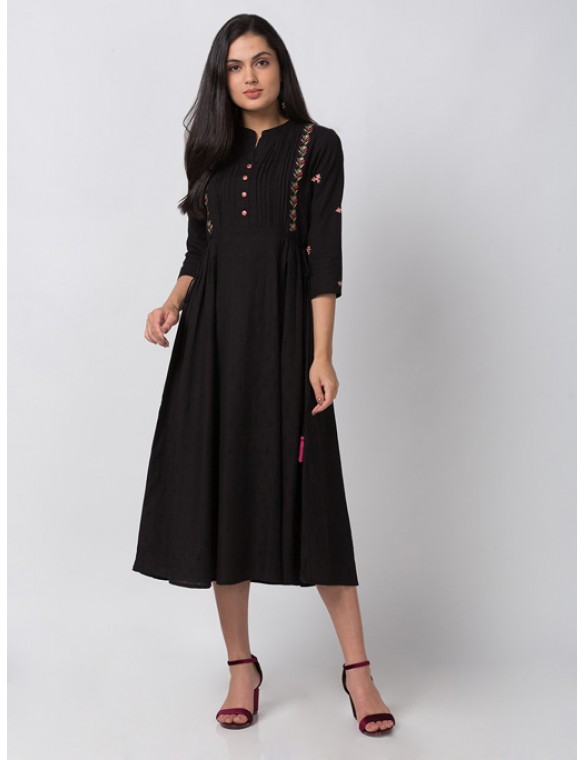 Black Rayon Embroidered Dress