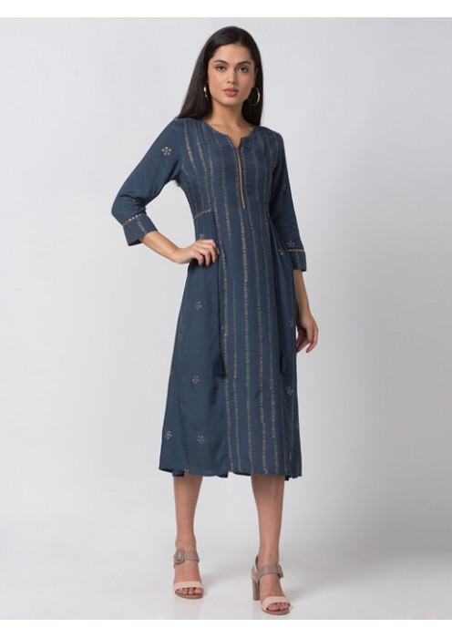 Blue Viscose Dress With Tie Up