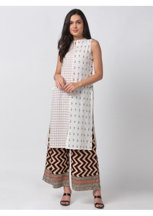 Half-N-Half Printed Ecru Kurta 