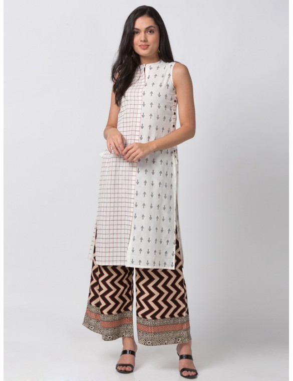 Half-N-Half Printed Ecru Kurta 