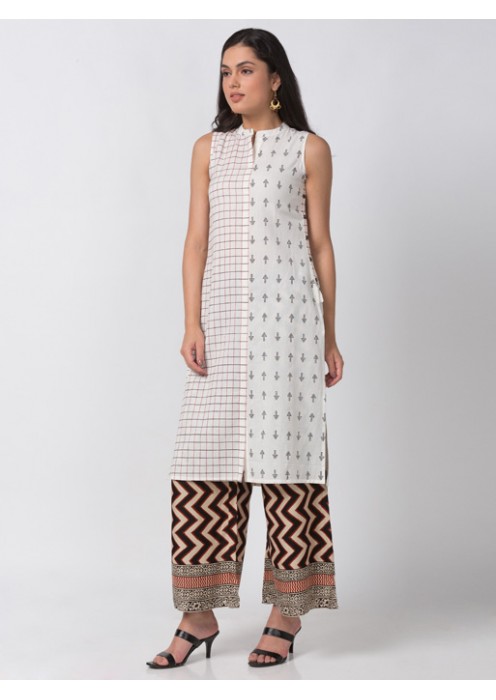 Half-N-Half Printed Ecru Kurta 