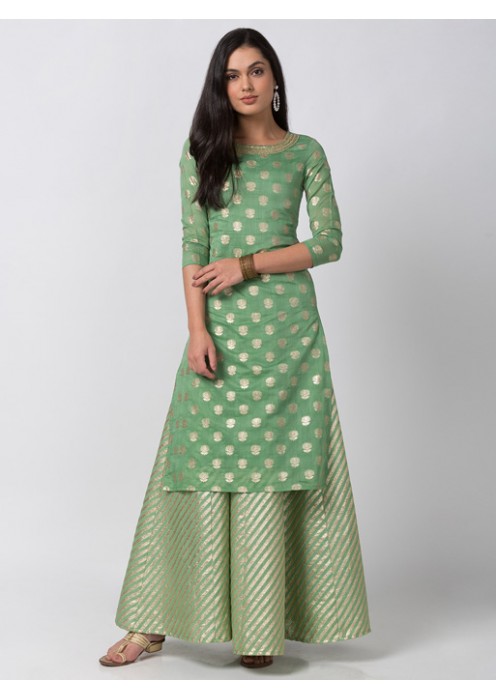 Sap Green Kurta With Gold Print