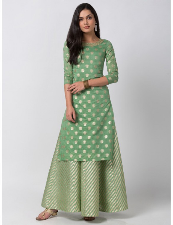 Sap Green Kurta With Gold Print