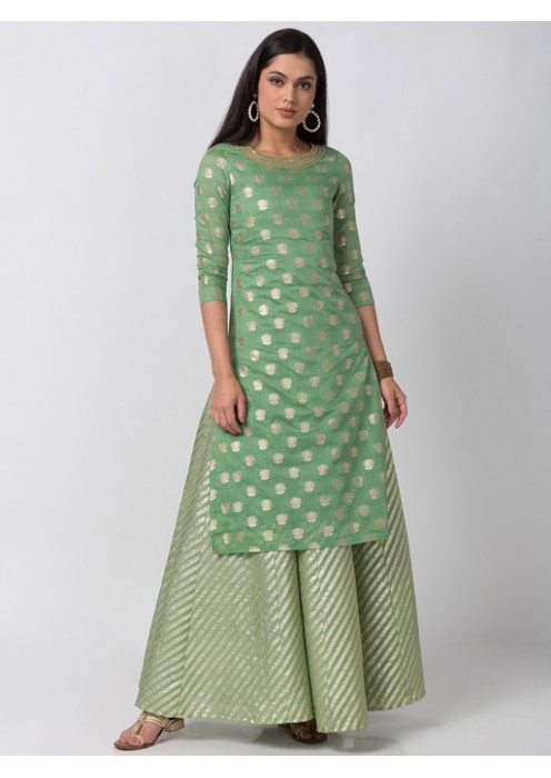 Sap Green Kurta With Gold Print