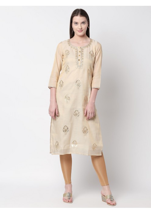 Beige Gold Embroidered Kurta 