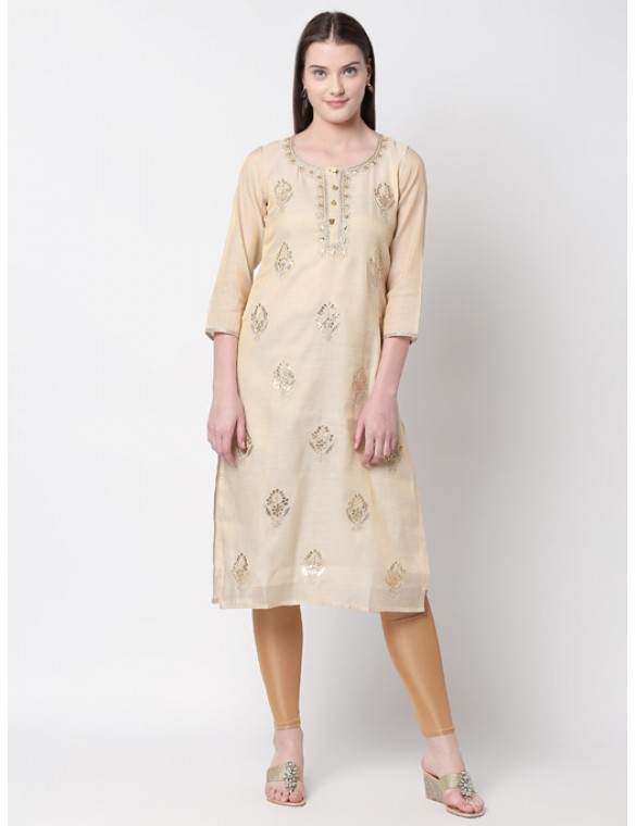 Beige Gold Embroidered Kurta 