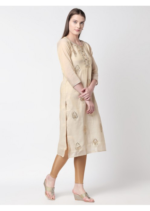 Beige Gold Embroidered Kurta 