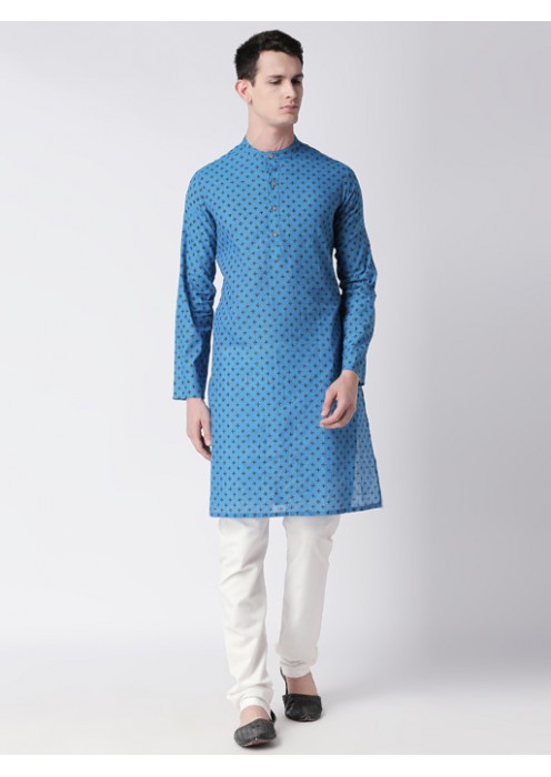 Teal Handloom Cotton printed long kurta 