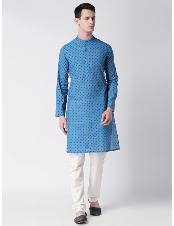 Teal Handloom Cotton printed long kurta 