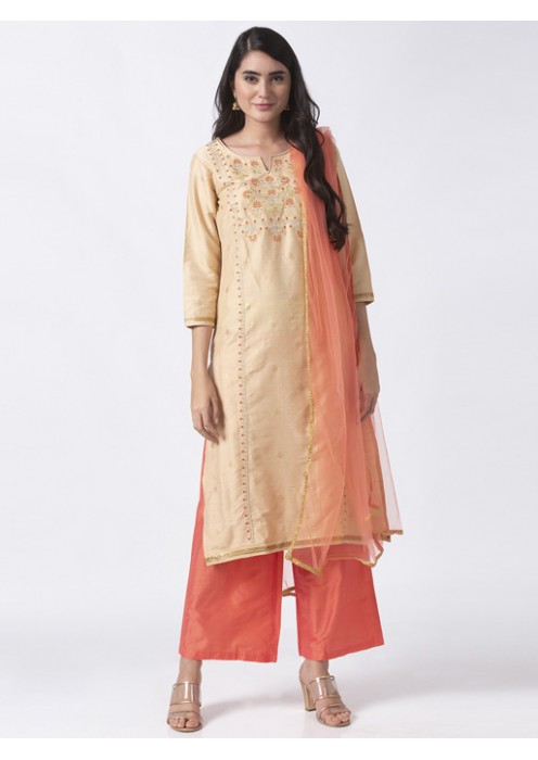 Beige Embroidered Kurta Set