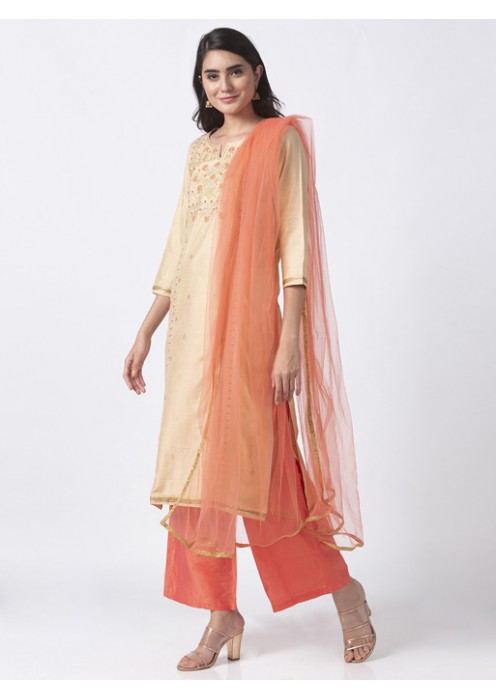 Beige Embroidered Kurta Set