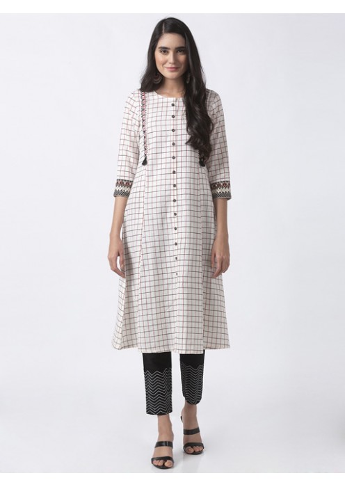 Ecru Kurta with Chequered Print