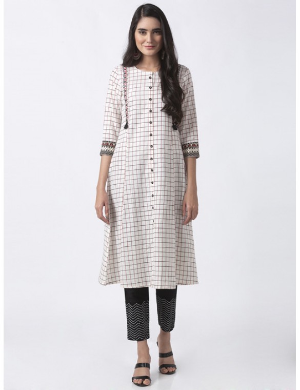 Ecru Kurta with Chequered Print