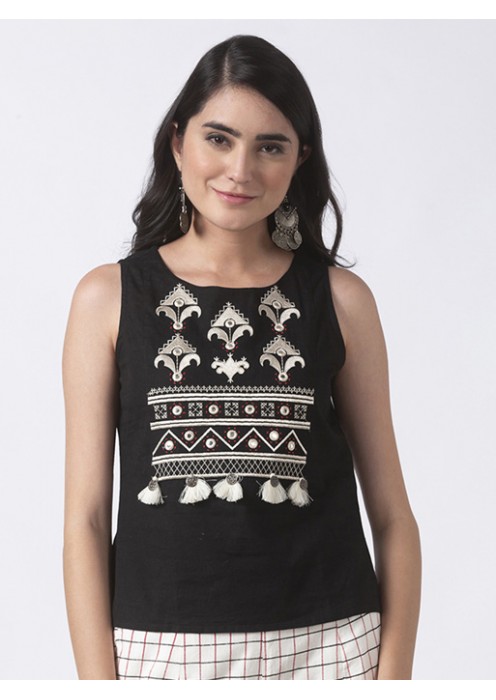 Black tassle embroidered top