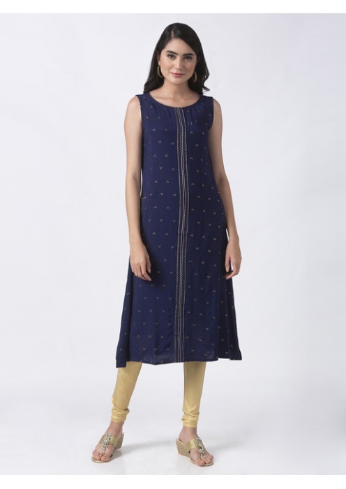 Navy Blue Kurta with Gold Print