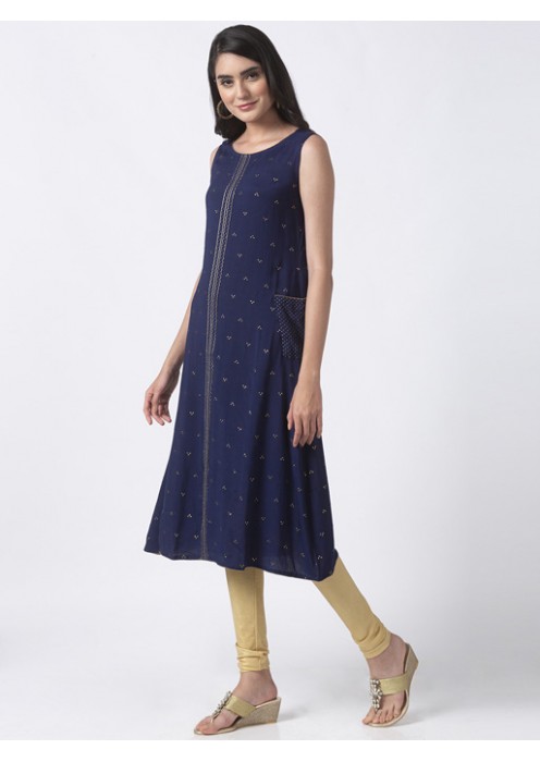 Navy Blue Kurta with Gold Print