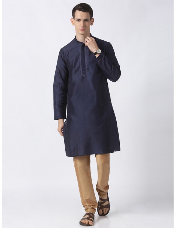 Navy Art Silk embroidered kurta with churidar 