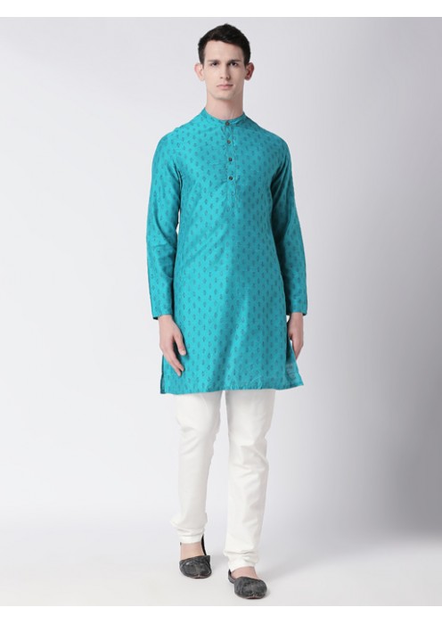 Turquoise Art Silk printed knee lenght kurta 