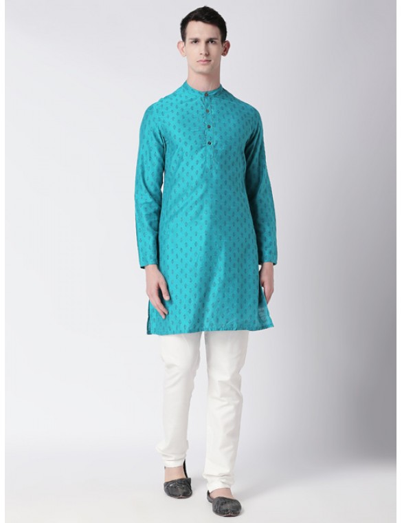 Turquoise Art Silk printed knee lenght kurta 