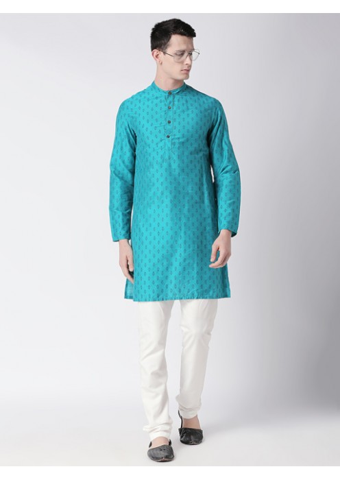 Turquoise Art Silk printed knee lenght kurta 