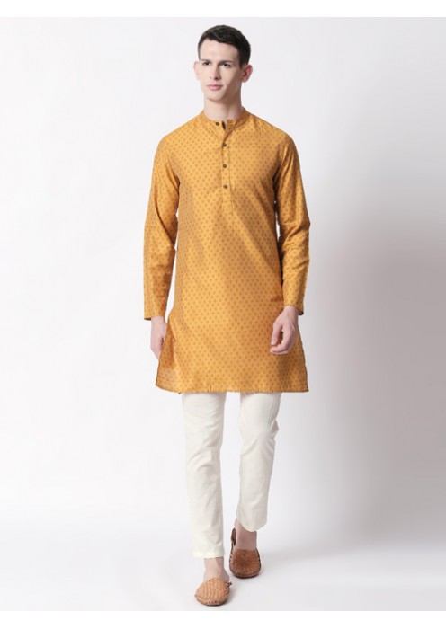 Mustard Art Silk printed knee length kurta 