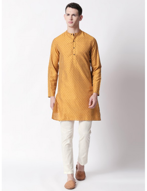 Mustard Art Silk printed knee length kurta 