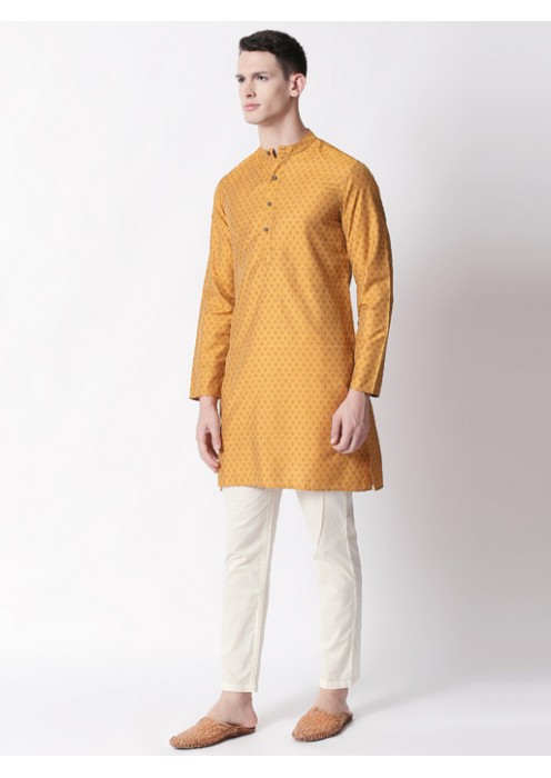 Mustard Art Silk printed knee length kurta 