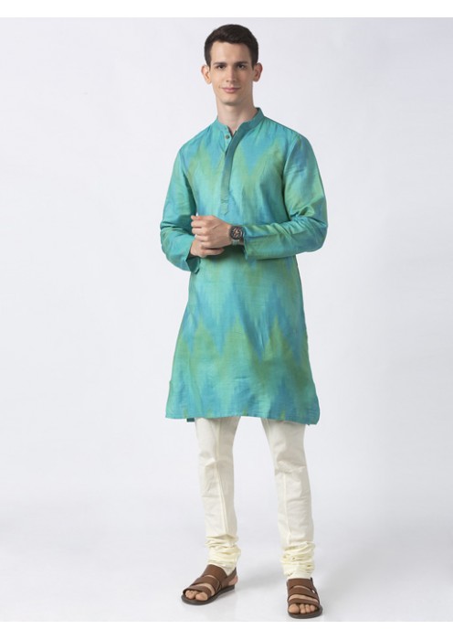 Teal Art Silk Ikkat printed long kurta 