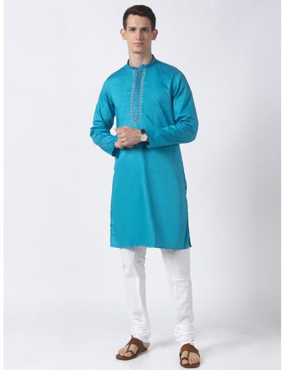 Teal Cotton textured long kurta 