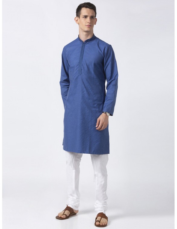 Navy Cotton Striped Long Kurta 