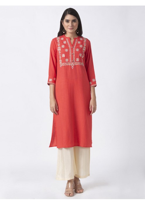 Coral Kurta with Mirror Work