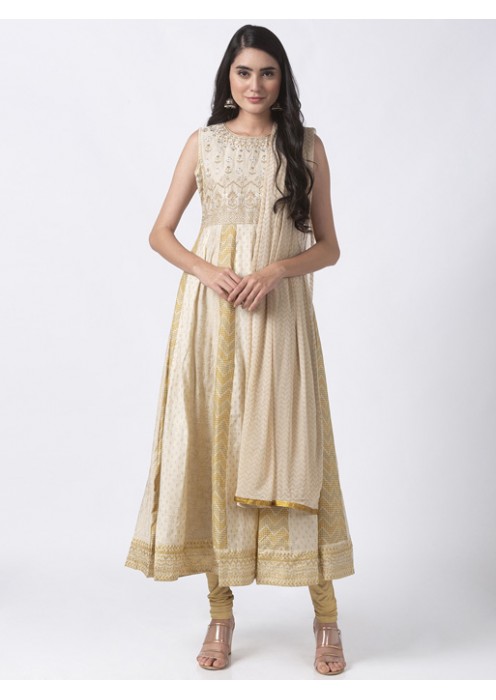 Beige Printed Kalidar Kurta set