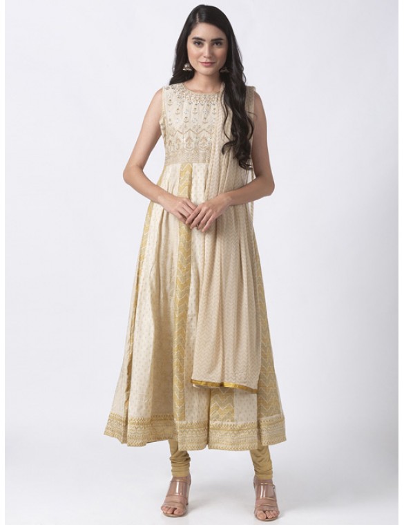 Beige Printed Kalidar Kurta set