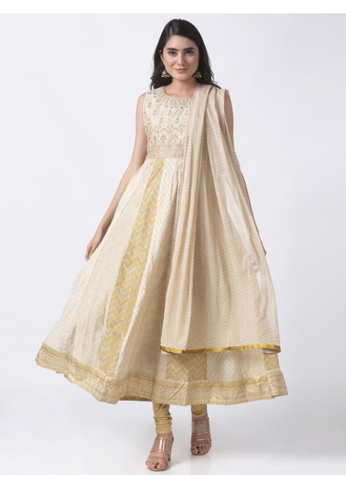 Beige Printed Kalidar Kurta set