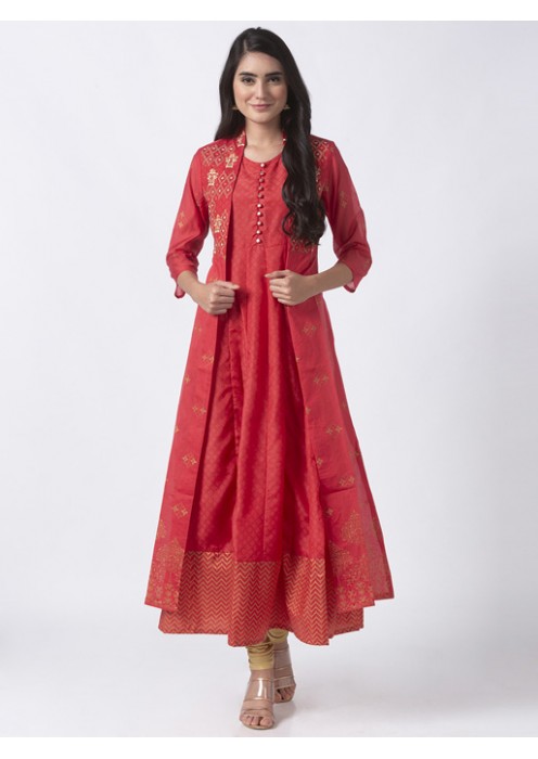 Coral Embroidered Cape Kurta 