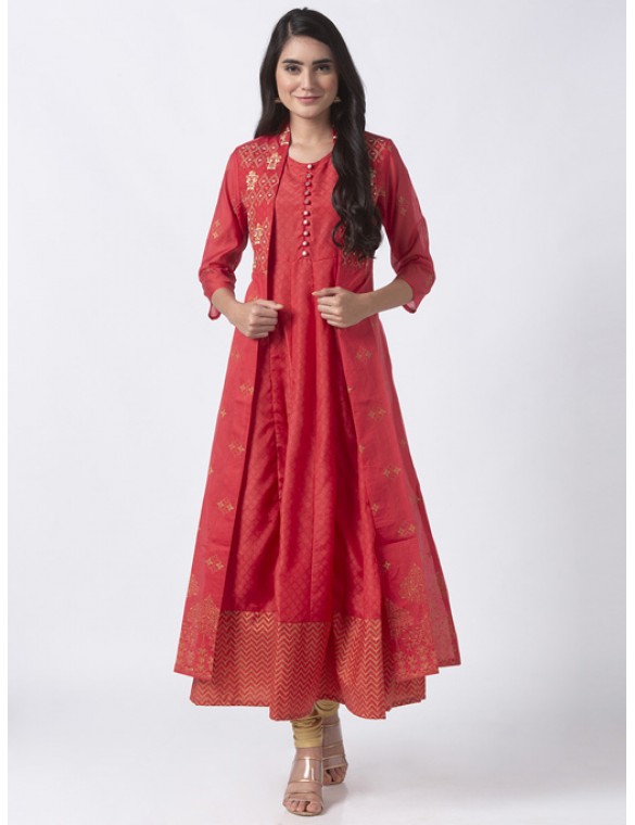 Coral Embroidered Cape Kurta 