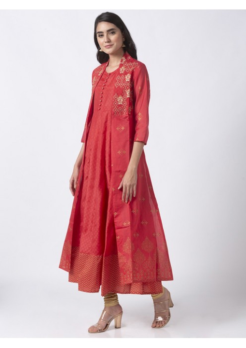 Coral Embroidered Cape Kurta 