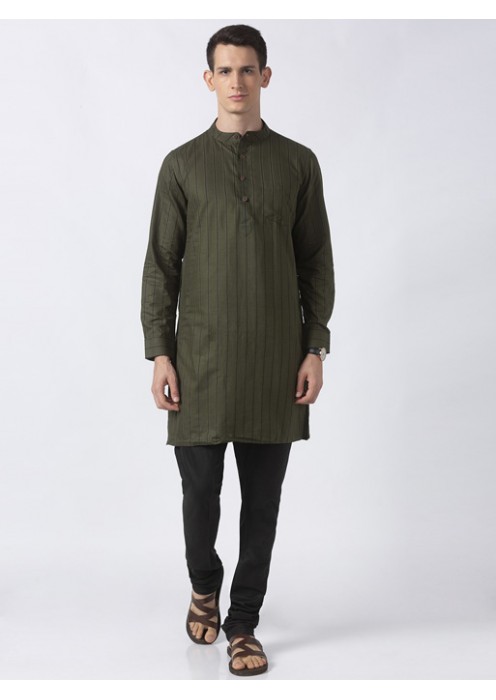 Military Green Cotton striped long kurta 