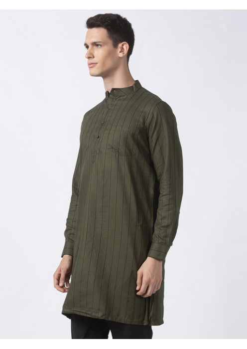 Military Green Cotton striped long kurta 