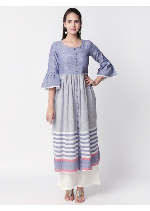 Blue Striped Kurta with Bell Sleeves