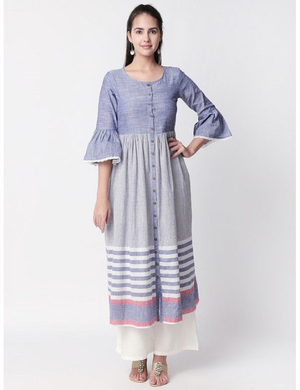 Blue Striped Kurta with Bell Sleeves