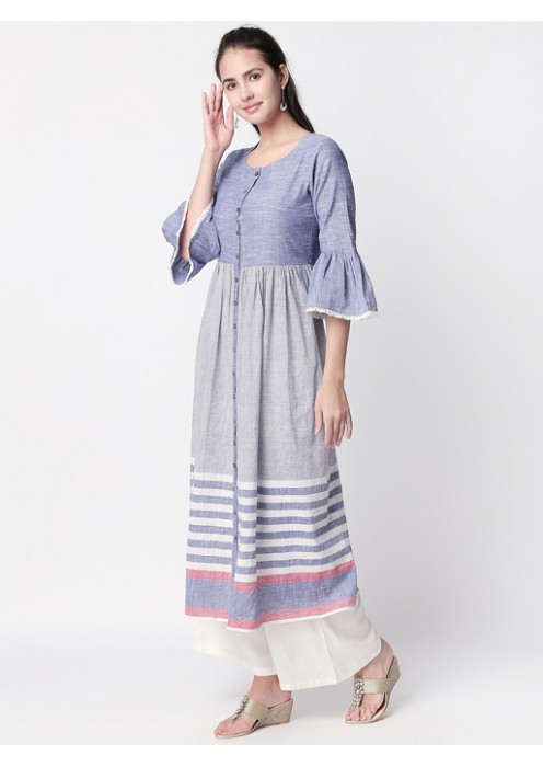 Blue Striped Kurta with Bell Sleeves